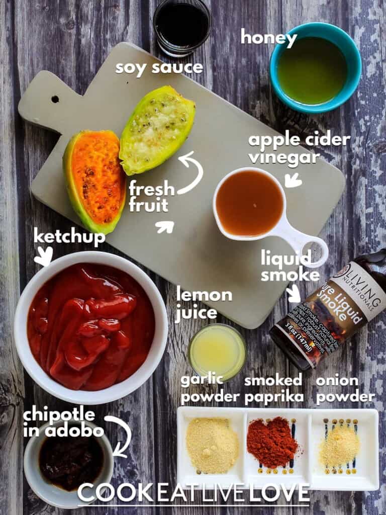 Ingredients to make chipotle bbq sauce on table with text labels