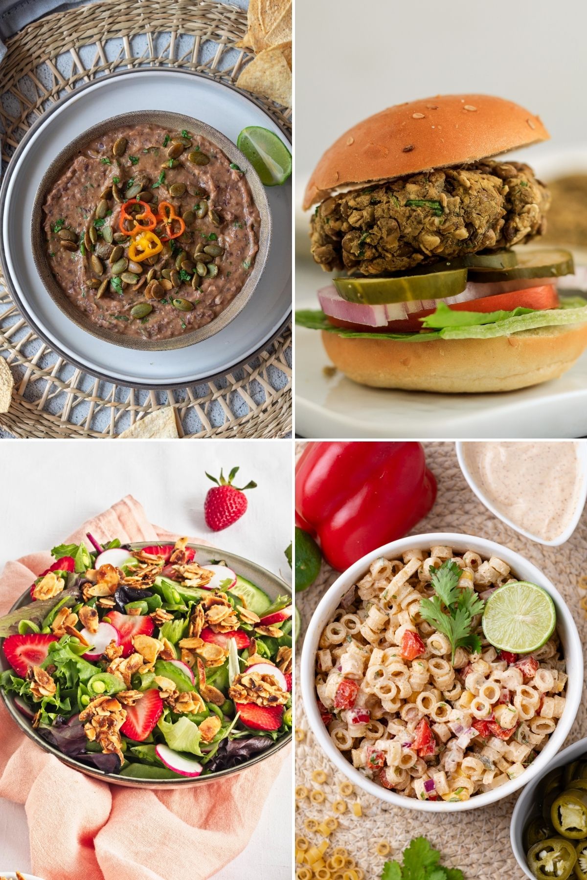 A collage of four vegan picnic recipes. 