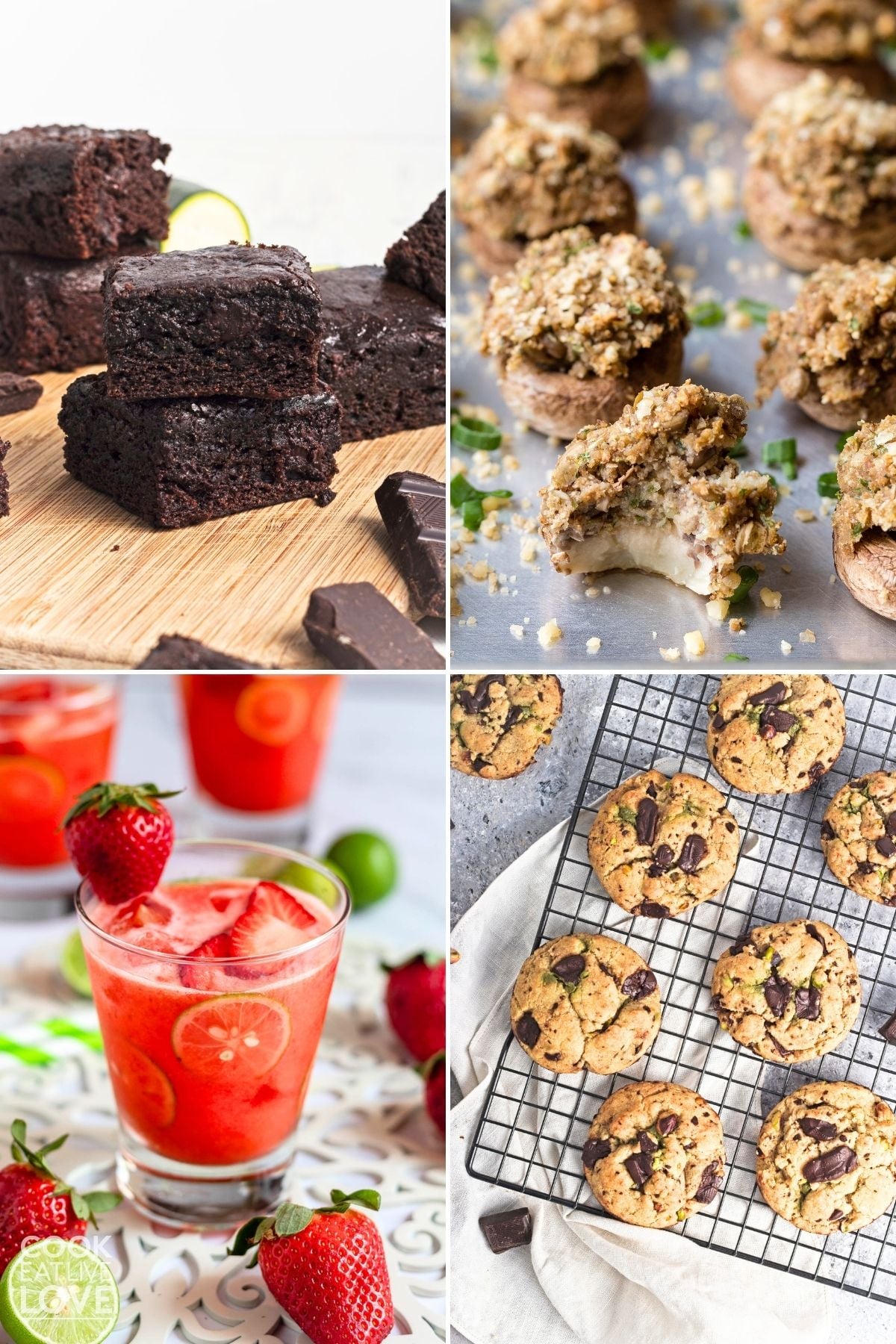 A collage of vegan picnic ideas including cookies, brownies, a drink and stuffed mushrooms.