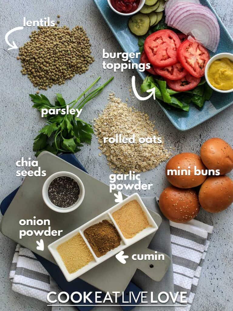Ingredients to make vegan sliders on the table with text labels.