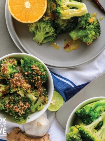 All three flavors of steamed broccoli instant pot on plates and bowls on the table