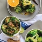 Three different flavors of instant pot steamed broccoli served up on table