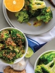 Three different flavors of instant pot steamed broccoli served up on table
