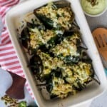 Vegetarian stuffed poblanos cooked in baking dish