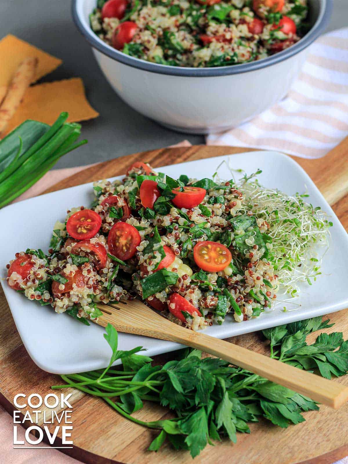 Zesty quinoa salad on a plate with a fork and fresh herb garnish