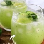 Pin for pinterest graphic with images of glasses of cucumber agua fresca and text.