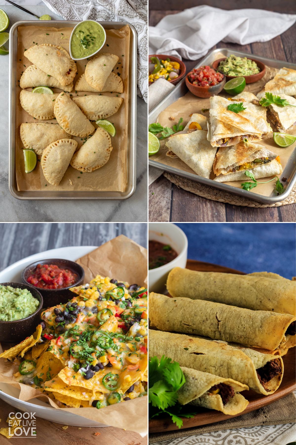 A collage of appetizers to serve with fajitas including empanadas, quesadillas, nachos, and taquitos.