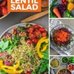 Pin for pinterest graphic with images of making lentil sprouts salad