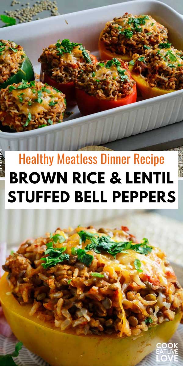 Pin for pinterest graphic with images of stuffed bell peppers and text on top.