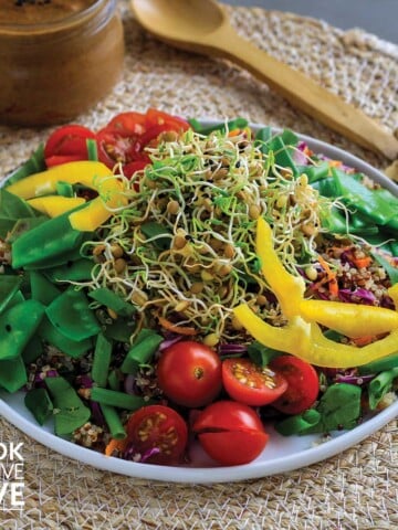 Salad topped with lentil sprouts on a plate