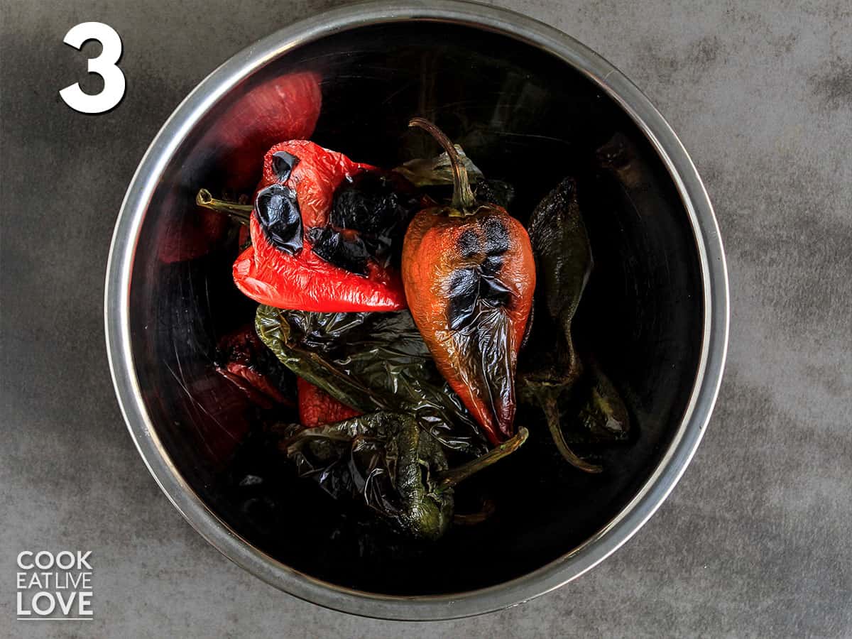 Roasted poblano peppers in a bowl