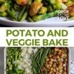Pin for pinterest graphic with images of veggie potato bake and text