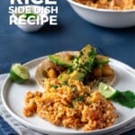Pin for pinterest graphic with plate of spanish rice