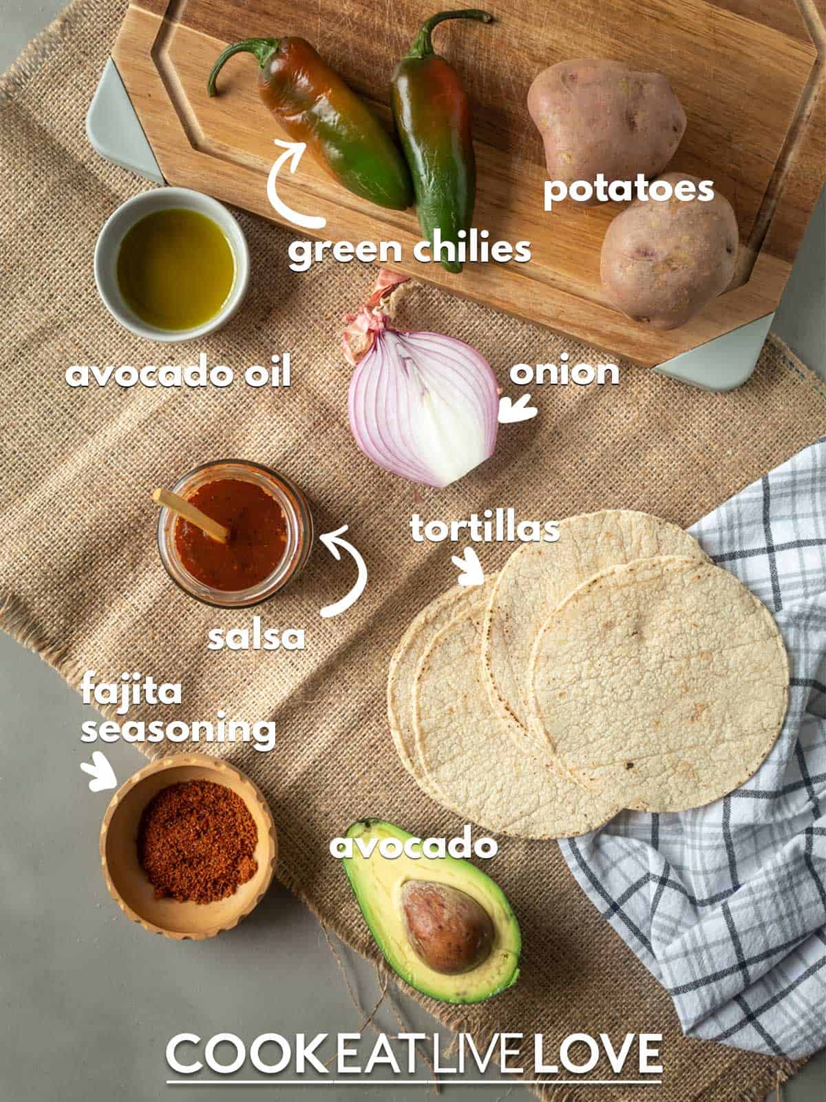 Ingredients to make vegan potato tacos on the table