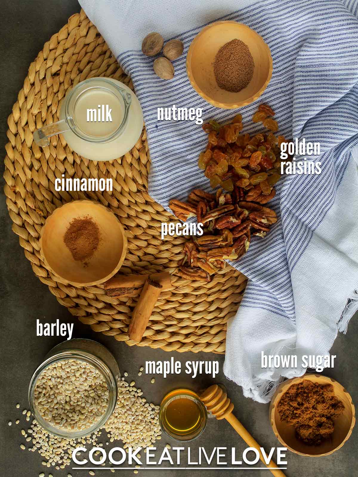 Ingredients to make barley porridge on the table
