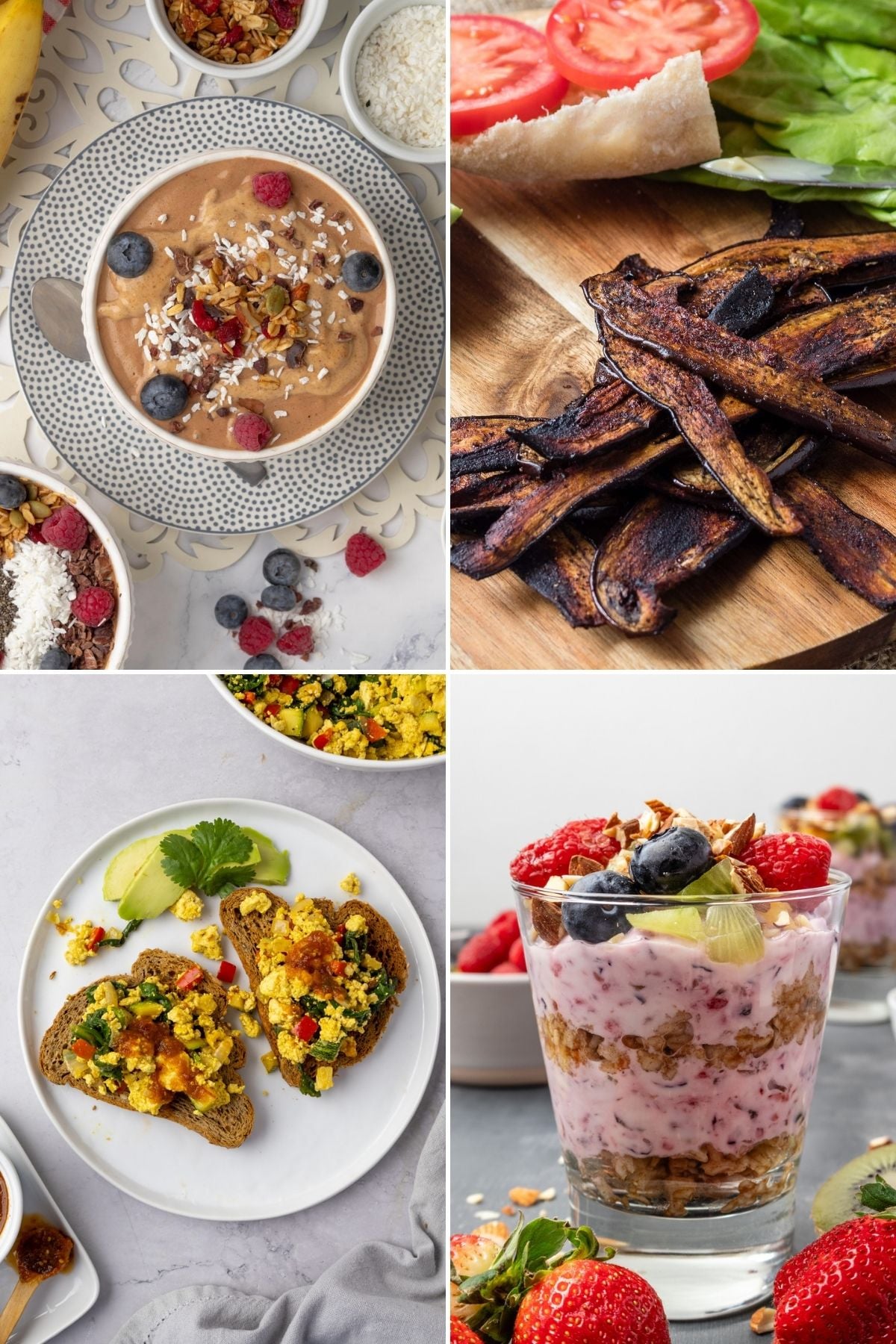 A collage of four different plant-based breakfast recipes.