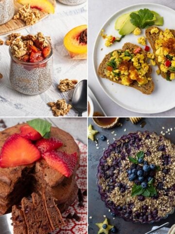 A collage of four different vegan breakfast recipes from chia pudding and baked oatmeal to pancakes and a vegan scramble.