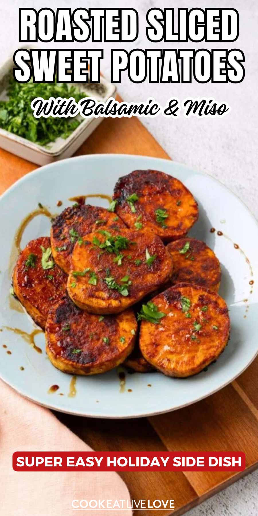 A pin for pinterest graphic with image of sweet potatoes on a plate with text on top.