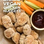 Pin for Pinterest graphic with image of vegan chicken nuggets and text on top