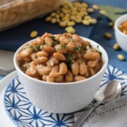 Bowl of cooked mayocoba beans instant pot on a plate
