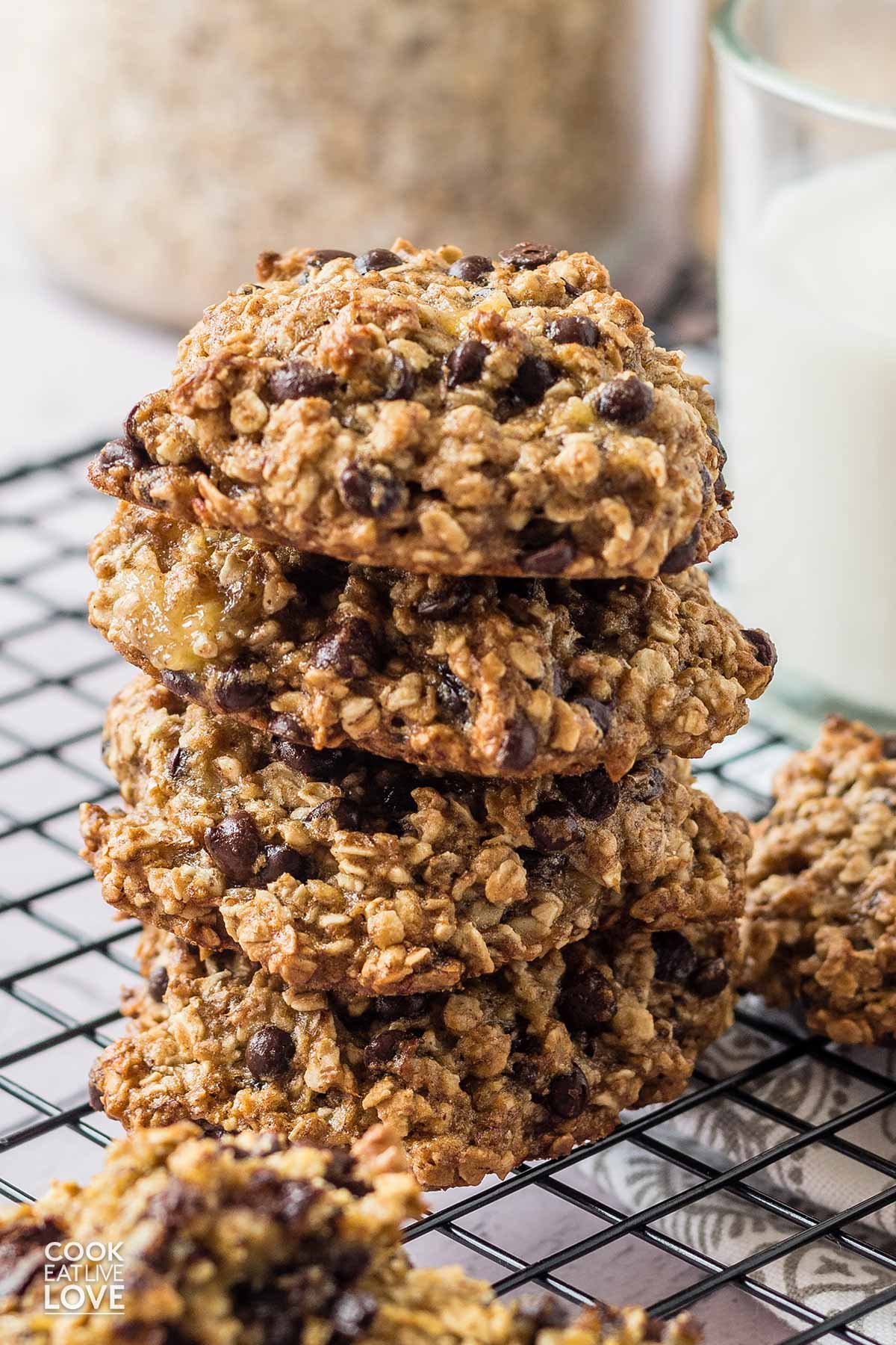 A stack of small batch oatmeal cookies on the table to eat.