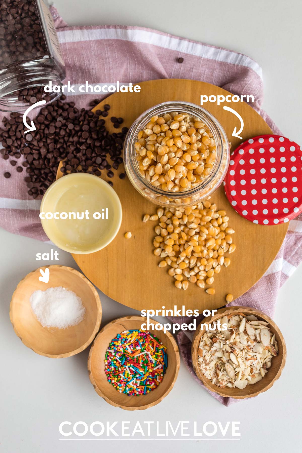 Ingredients to make chocolate drizzled popcorn on the table.