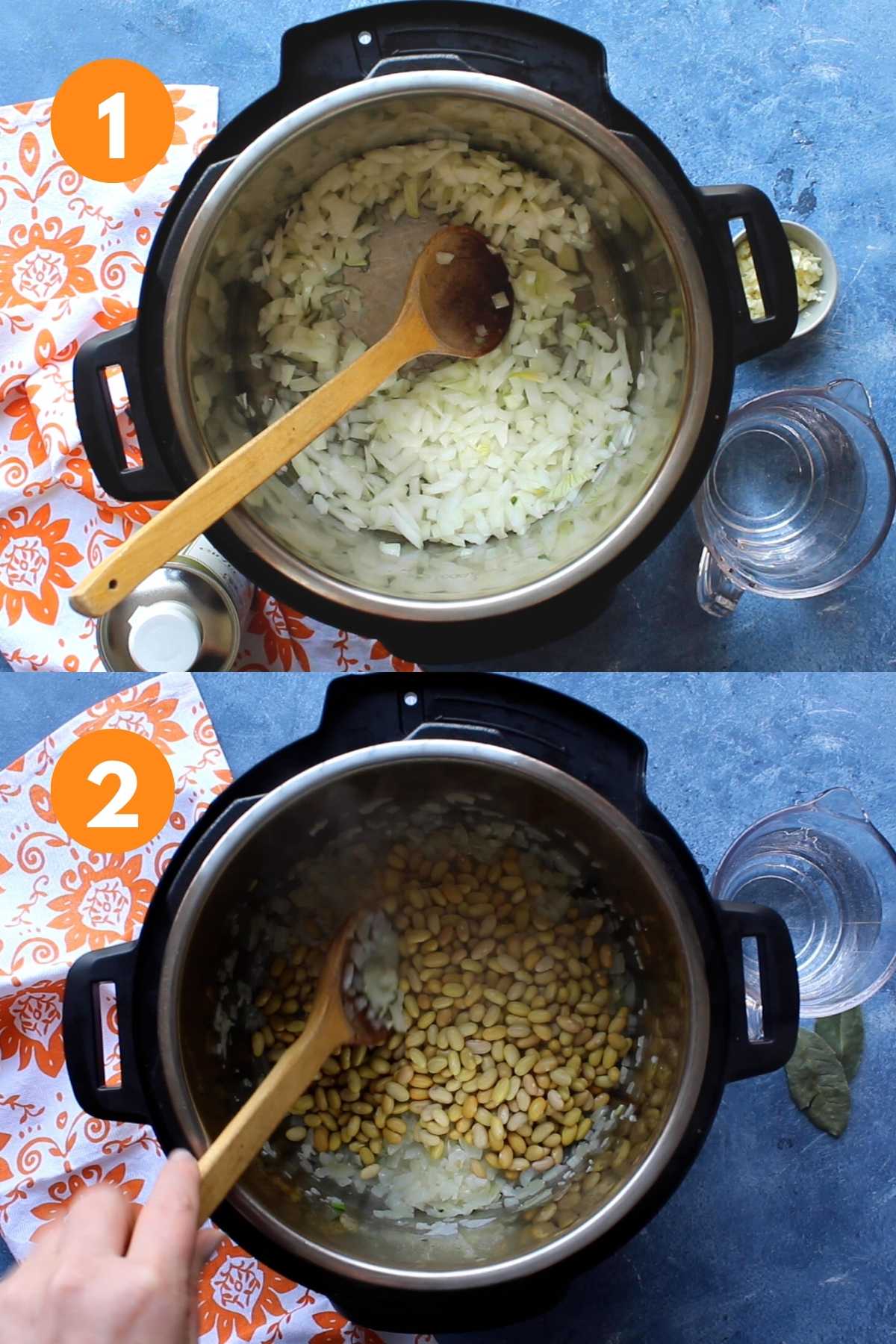 A collage of cooking the onions and adding the mayocoba beans to the pot.