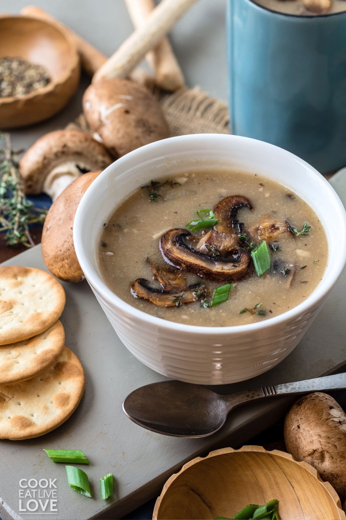 A bowl of mushroom soup without cream on the table with a spoon resting in the front. 