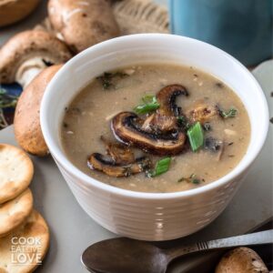 A bowl of mushroom soup without cream with a spoon in front and some crackers on the side.