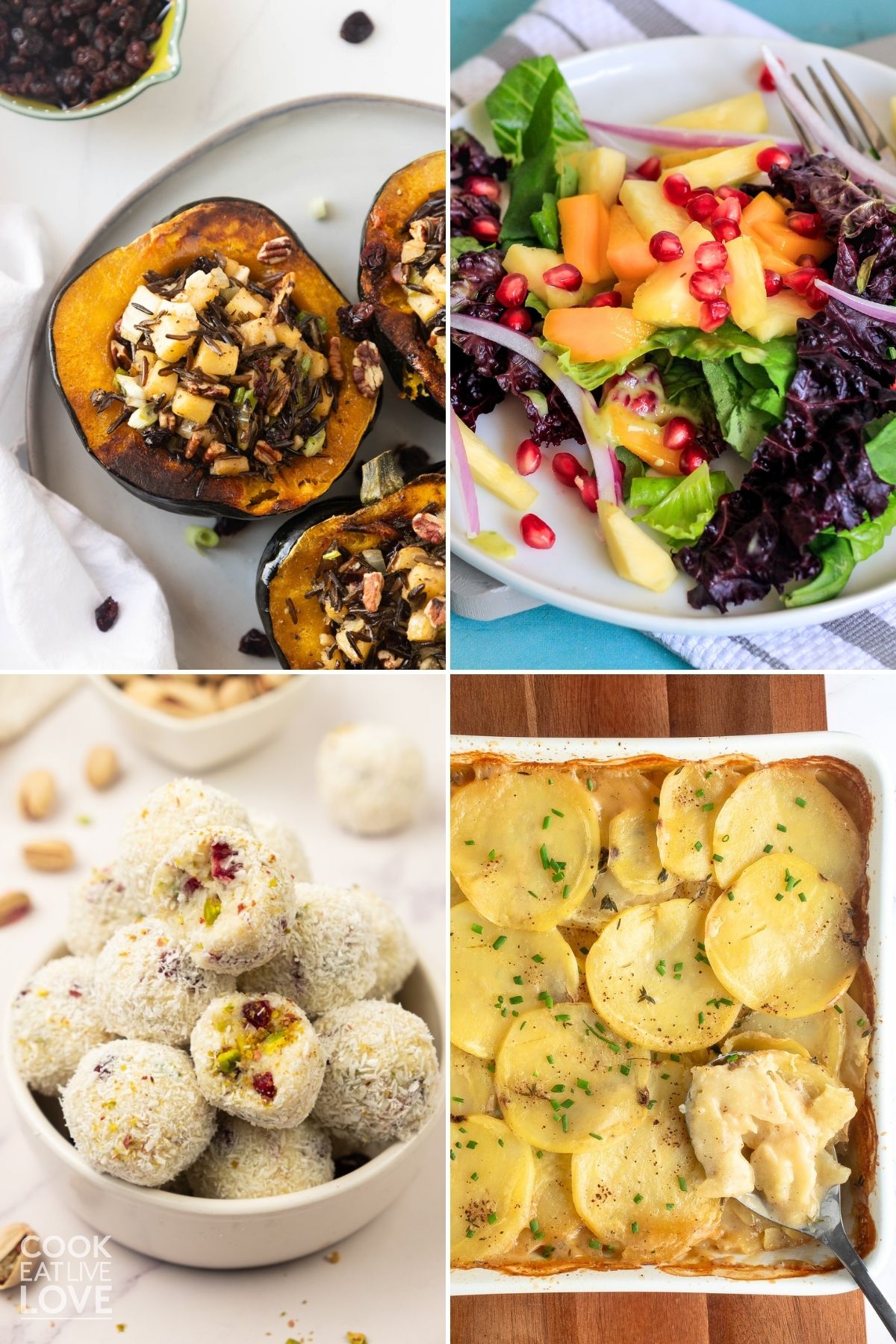A photo collage of four vegetarian Christmas dinner recipes. 
