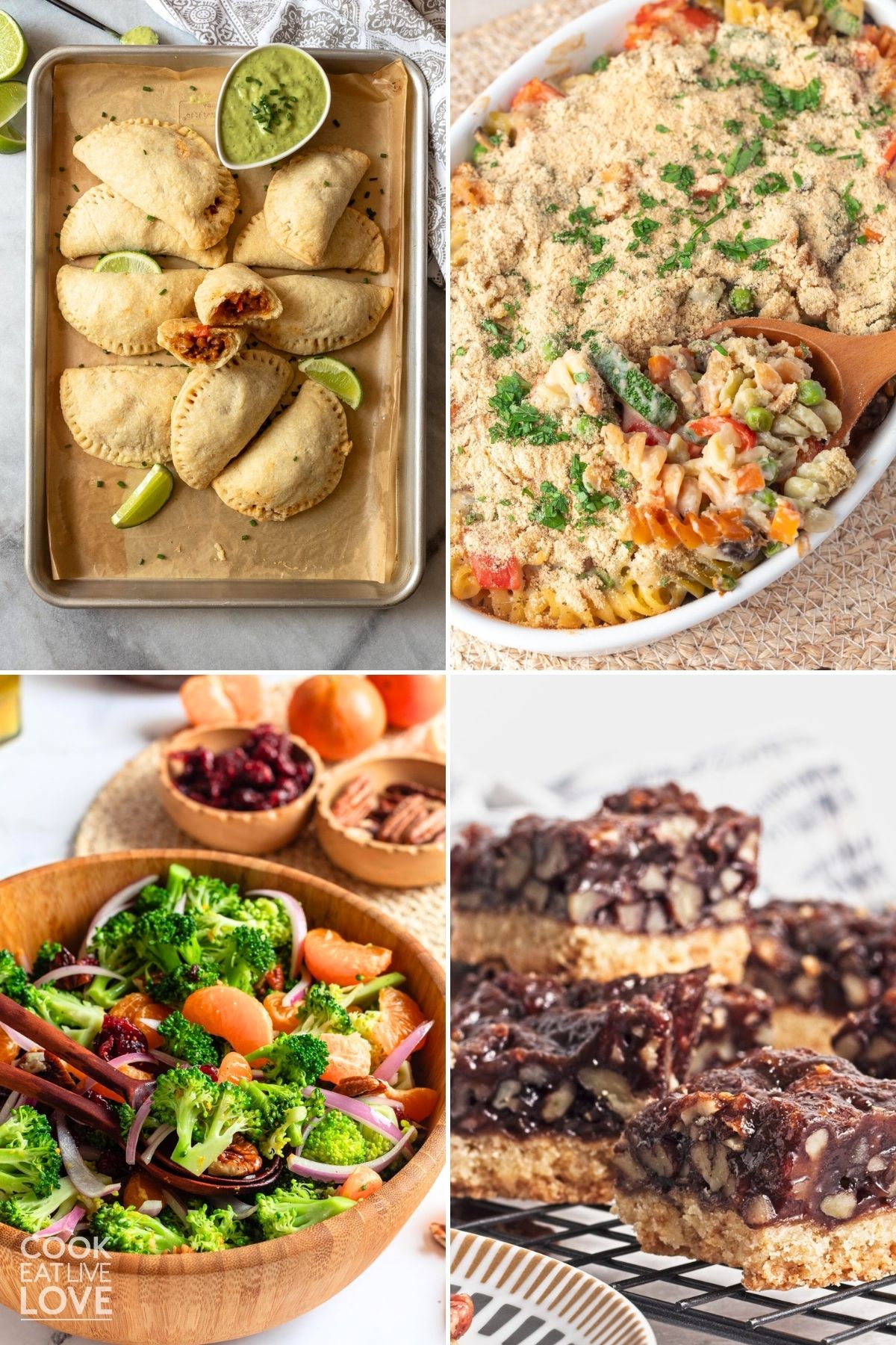 Four different images of dishes to serve for a vegetarian Christmas dinner. 