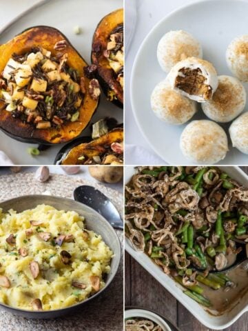 A collage of four vegetarian Christmas recipes for a holiday dinner.