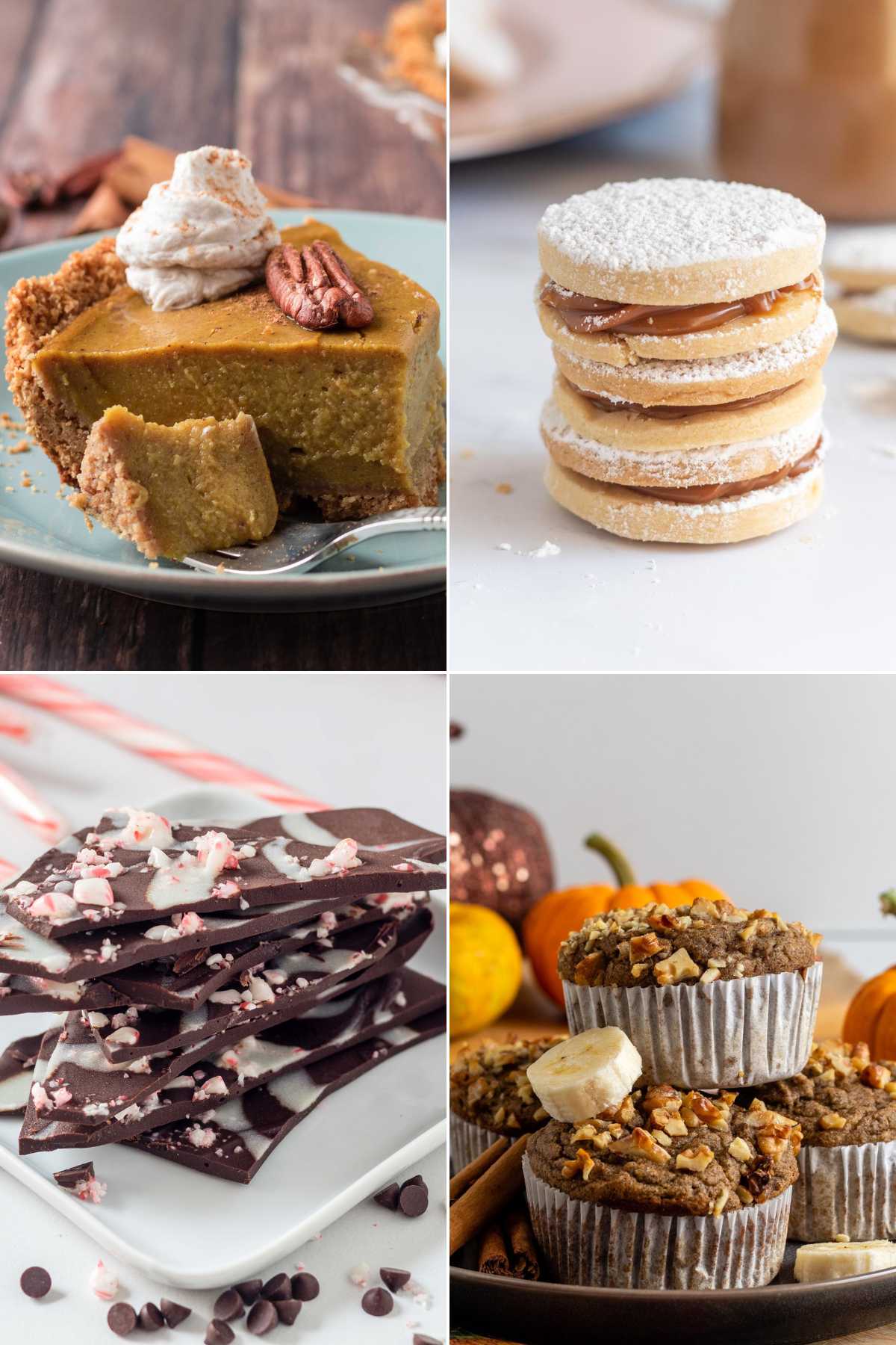 A collage of holiday desserts including vegan pumpkin pie, cookies, peppermint bark, and pumpkin muffins.
