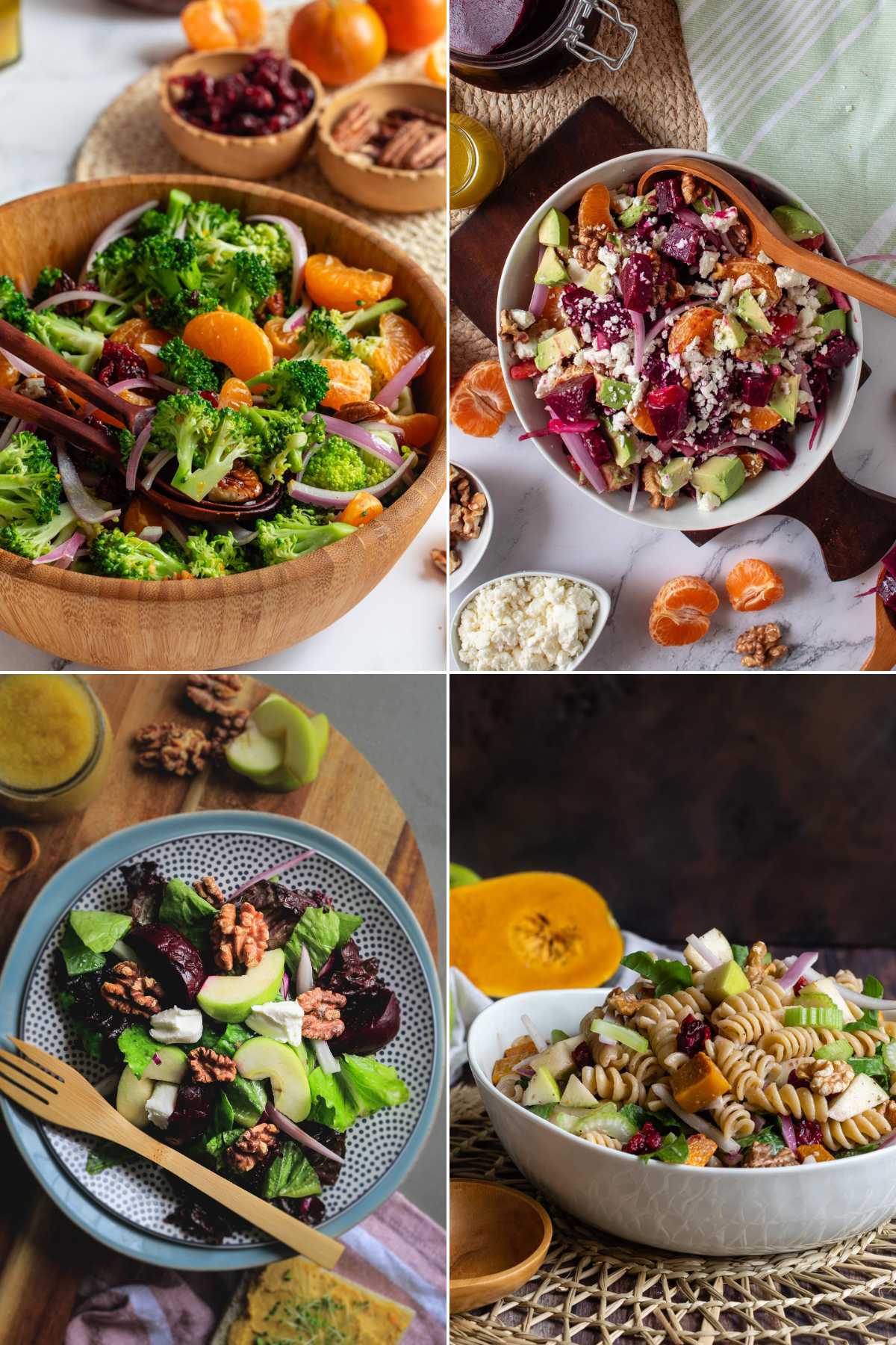 A collage of four holiday salads including broccoli salad, pickled beet salad, beet salad, and a fall pasta salad.