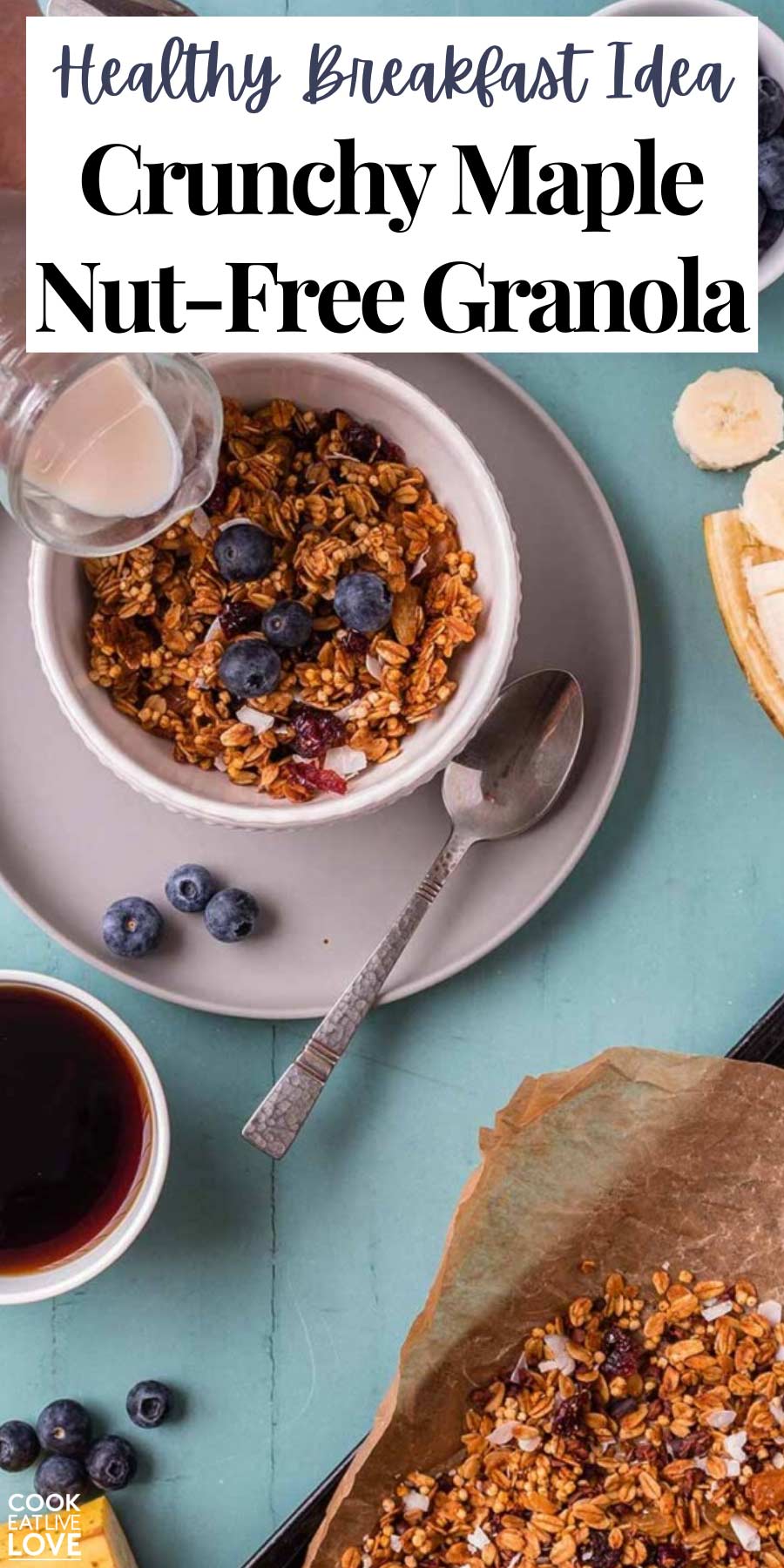Pin for pinterest with images of nut-free granola and text on top.