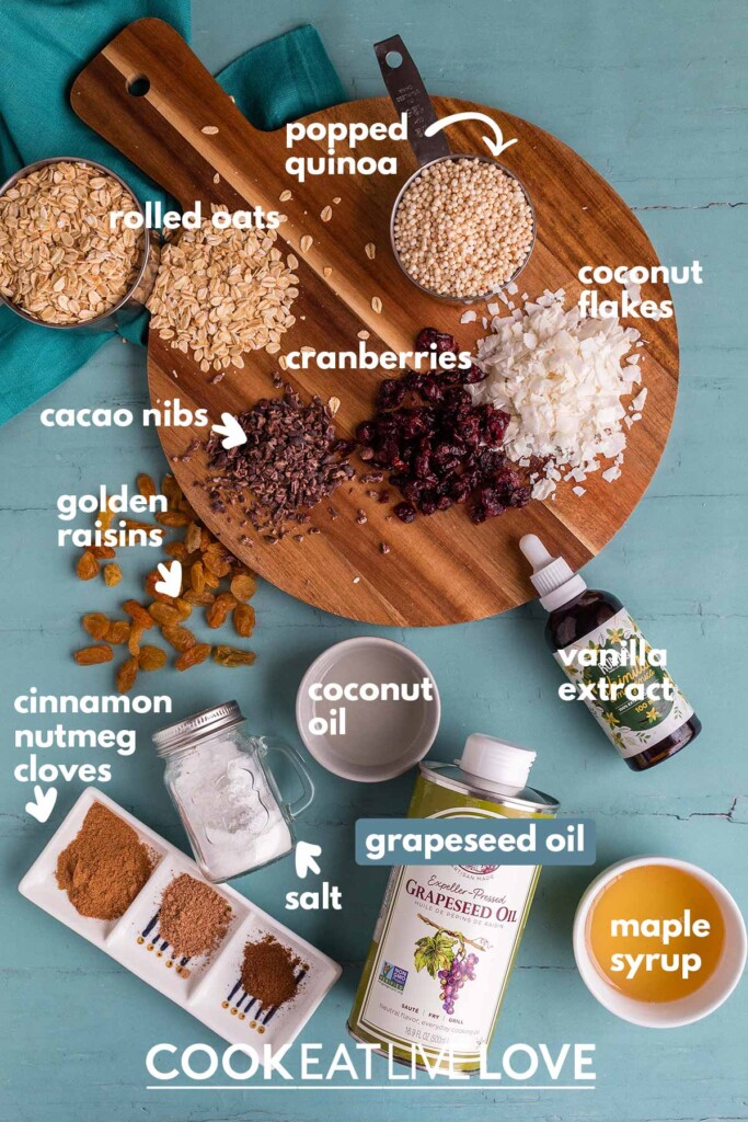 Ingredients to make nut free granola on a table with text overlay.