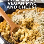 Pin for pinterest graphic with image of vegan baked mac and cheese and text on top.