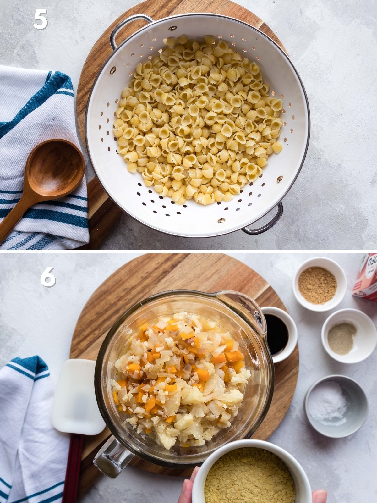 Collage image with top photo showing pasta draining and bottom photo showing the sauce ingredients in the blender.