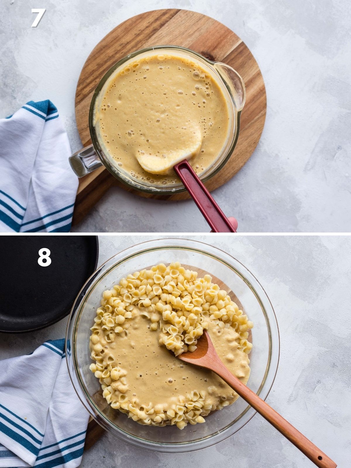 Collage image with top photo showing blended mac and cheese sauce and bottom image the sauce is mixed with the pasta.