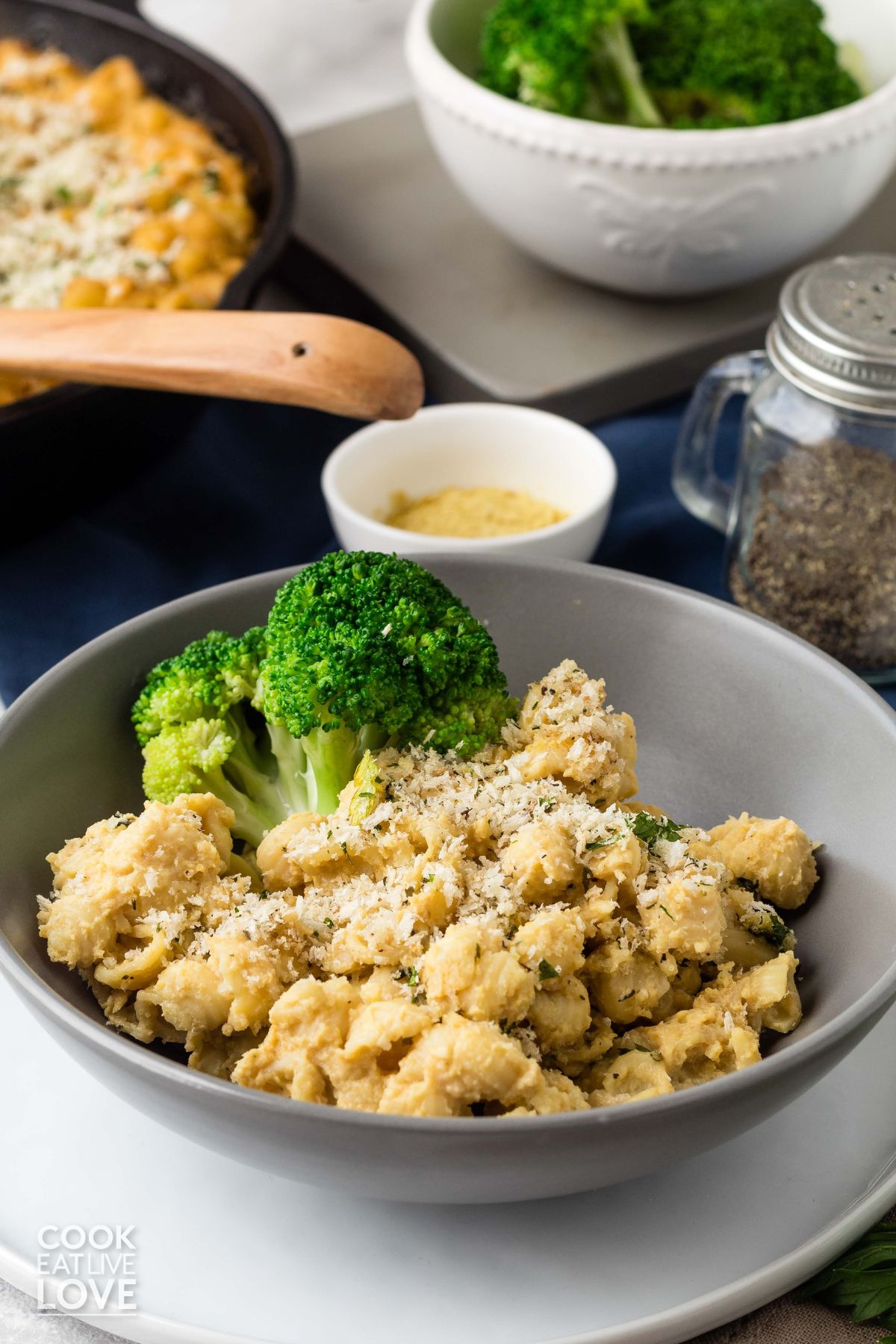 Vegan mac and cheese served up in a gray bowl. 