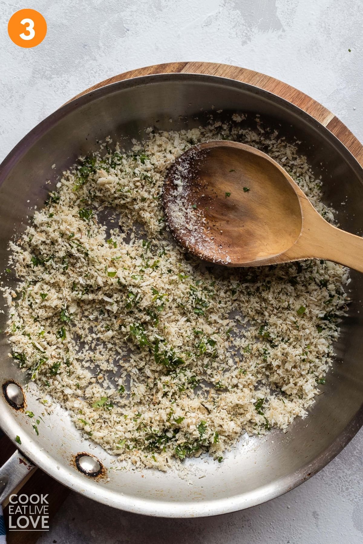 Making the panko breadcrumb topping for the vegan mac and cheese.