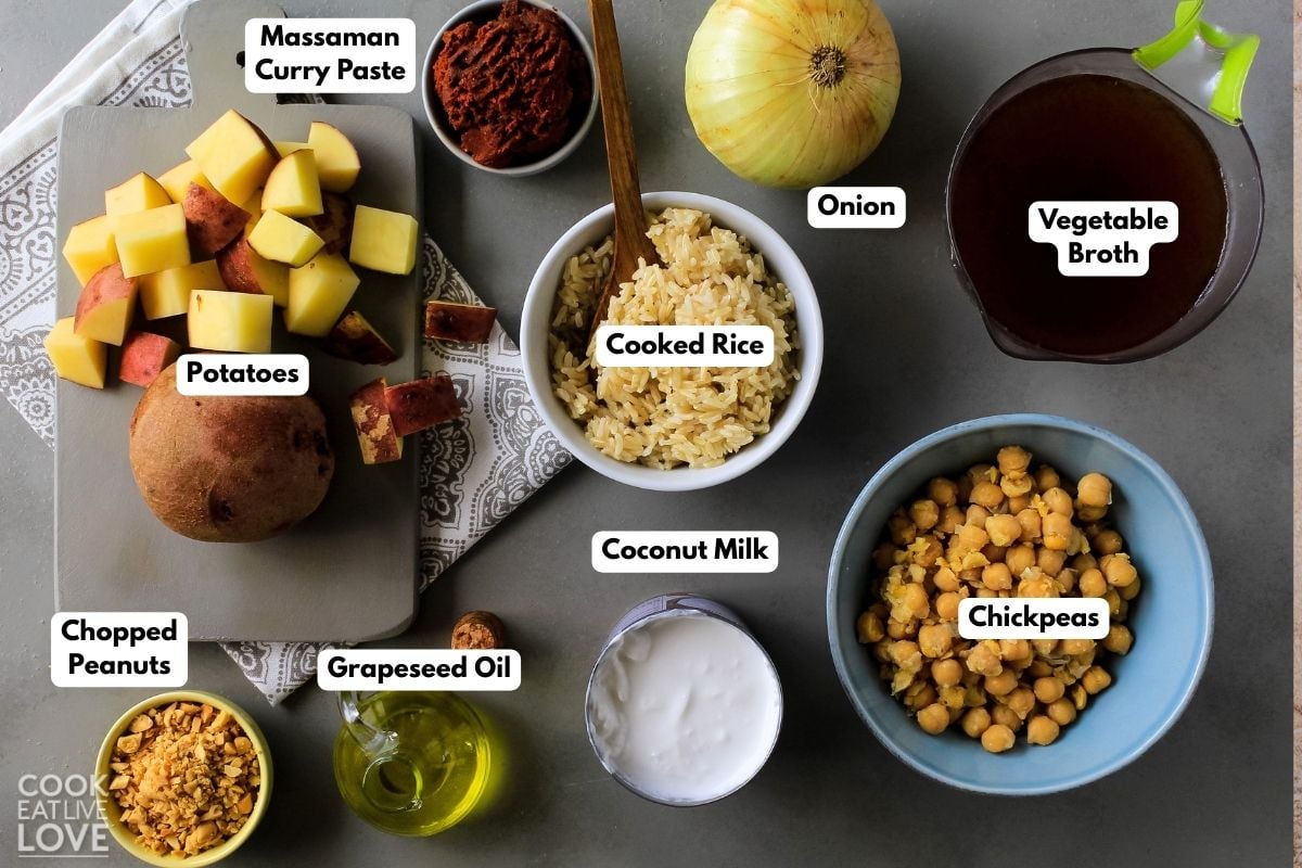 Ingredients to make vegan massaman curry in bowls. 