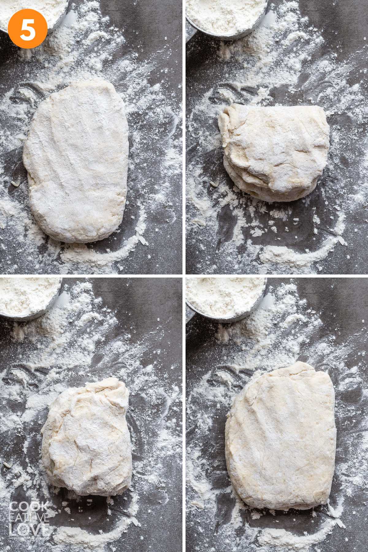 A collage showing the steps for folding the biscuit dough.