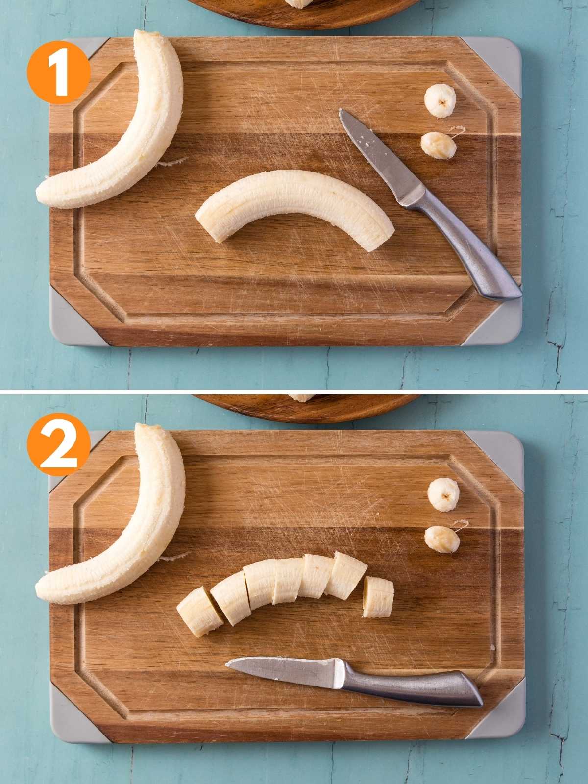 Collage showing the two steps to cut the bananas.