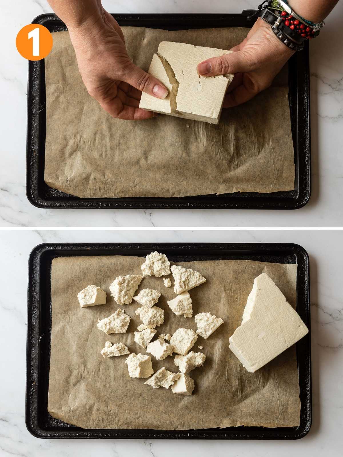Collage of breaking up the tofu into large sized chunks.
