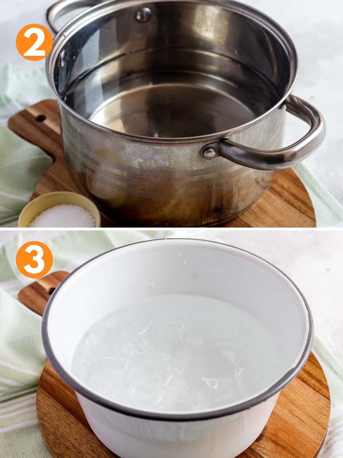 Collage of pot of water and ice water bath to make blanched broccoli.