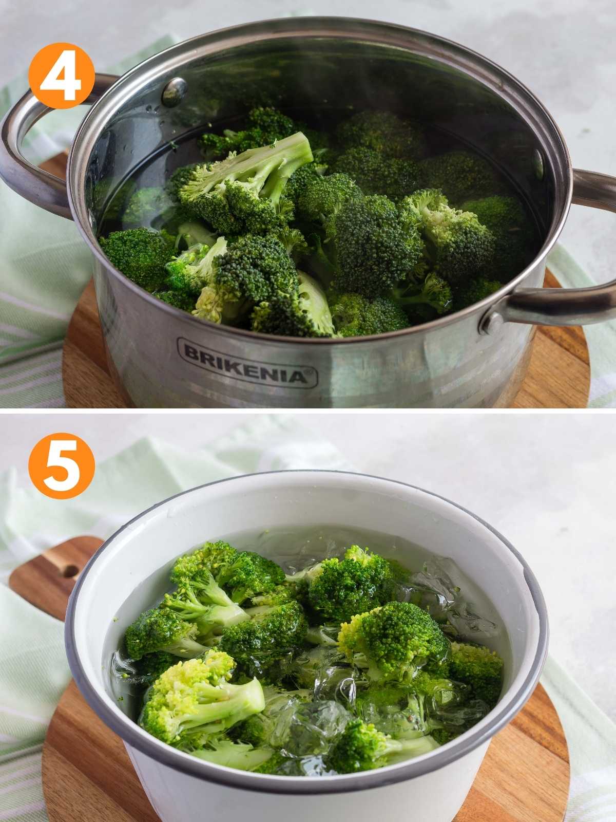 Broccoli in a pot of water to blanch and submerged in ice water bath.