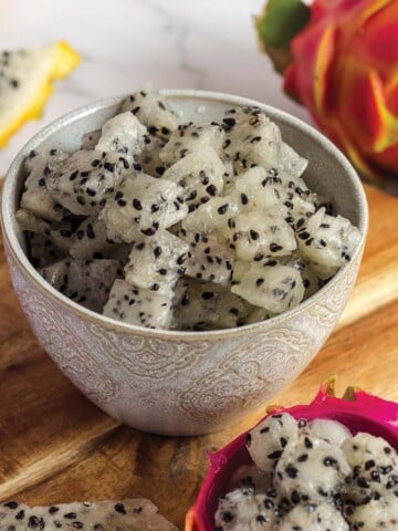 Cubes of dragon fruit in a small bowl.