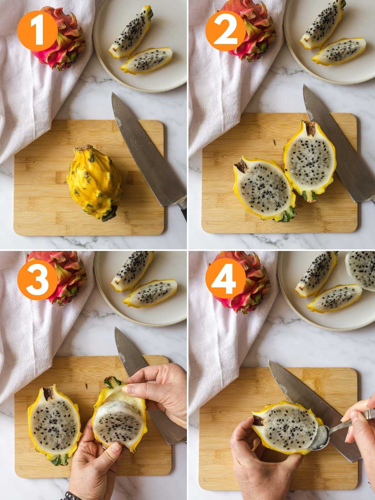 Collage of cutting the dragon fruit in half and removing the peel.