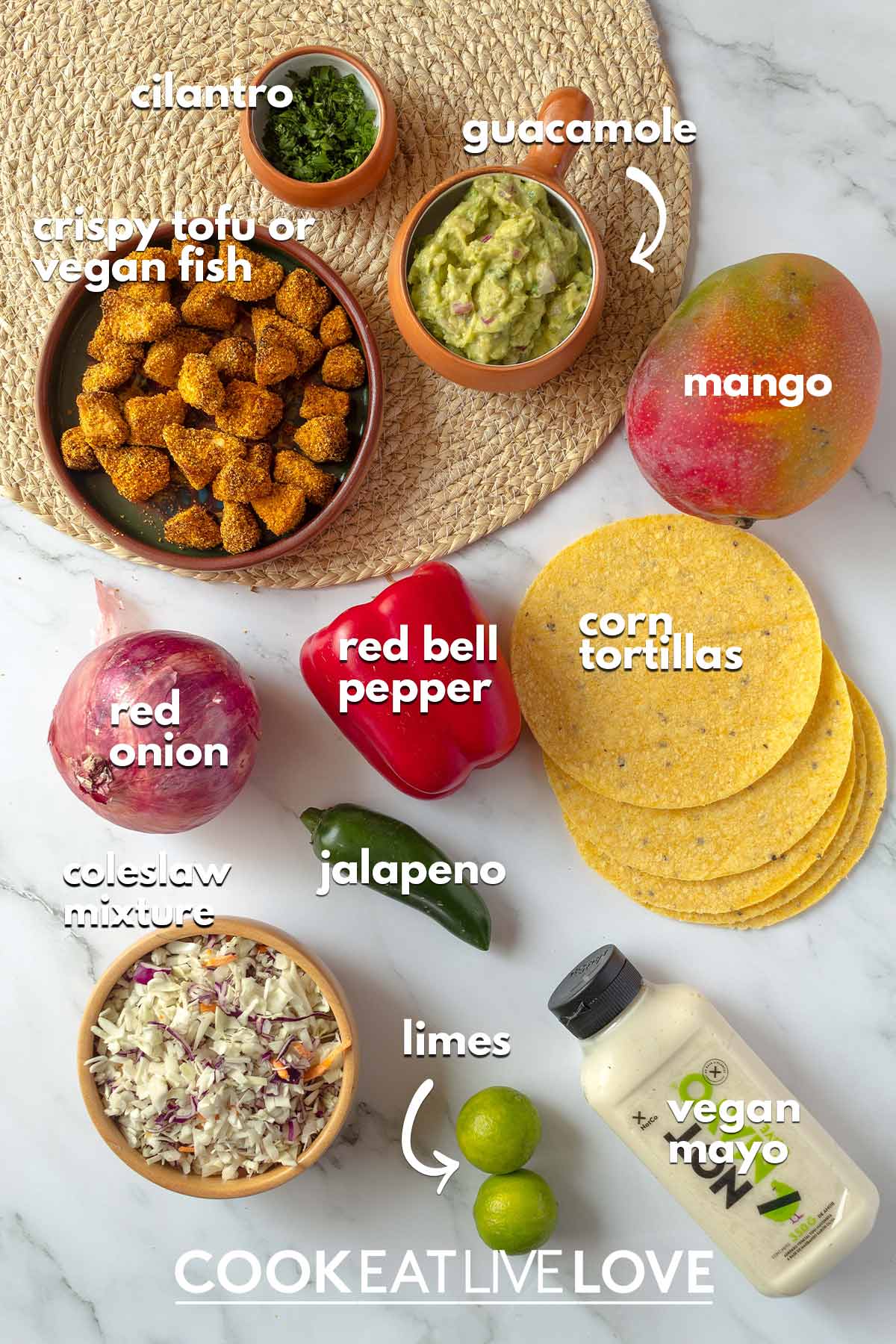 Ingredients to make vegan fish tacos on the table.